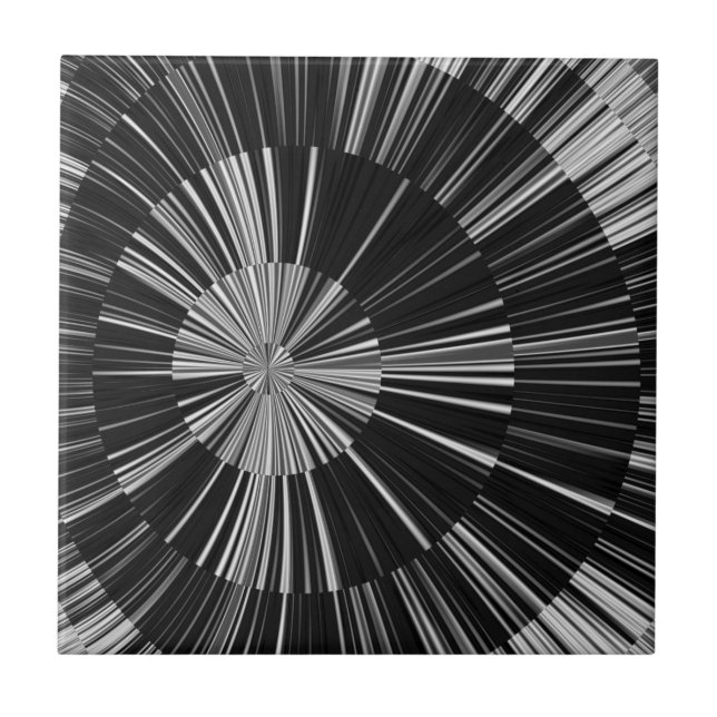 Black and White Radial Striped Sunburst Pattern Ceramic Tile (Front)