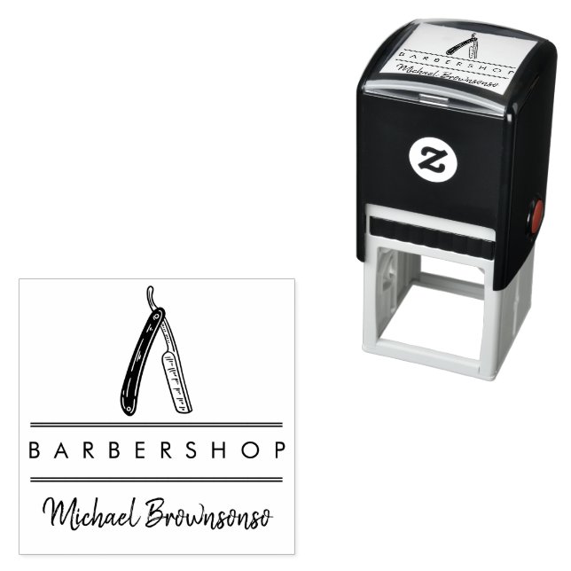 Black and White Razor Barber Self-inking Stamp (In Situ)