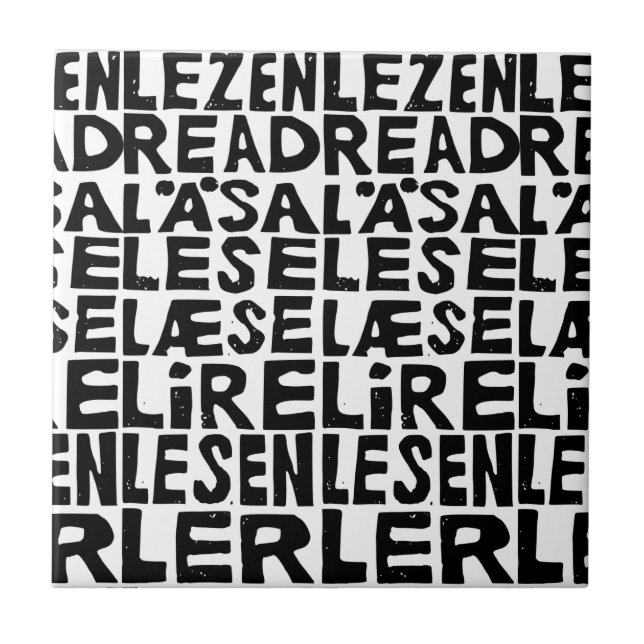 Black and White "Read" in 8 Languages Lino Cut Ceramic Tile (Front)
