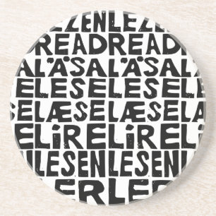 Black and White "Read" in 8 Languages Lino Cut Coaster