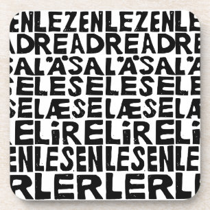 Black and White "Read" in 8 Languages Lino Cut Coaster