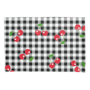 Black and White Red Cherry Gingham Pattern Pillowcase