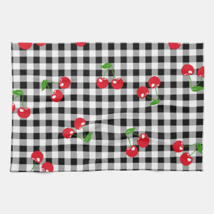 Black and White Red Cherry Gingham Pattern Tea Towel