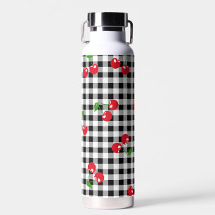 Black and White Red Cherry Gingham Pattern Water Bottle
