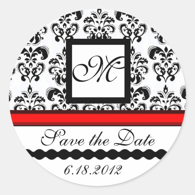 BLACK AND WHITE RED  DAMASK MONOGRAM,Save The Date Classic Round Sticker (Front)
