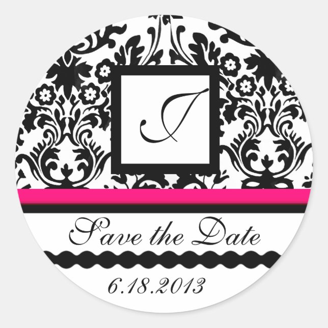 BLACK AND WHITE RED  DAMASK MONOGRAM,Save The Date Classic Round Sticker (Front)