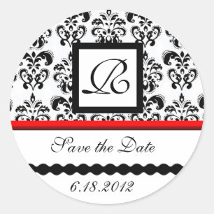 BLACK AND WHITE RED  DAMASK MONOGRAM,Save The Date Classic Round Sticker