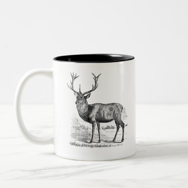 Black and White Red deer Illustration Two-Tone Coffee Mug (Left)