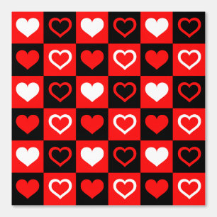 Black and White Red Hearts Check Pattern Wallpaper