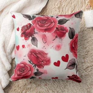 Black and White, Red Roses Hearts Romantic Floral Cushion