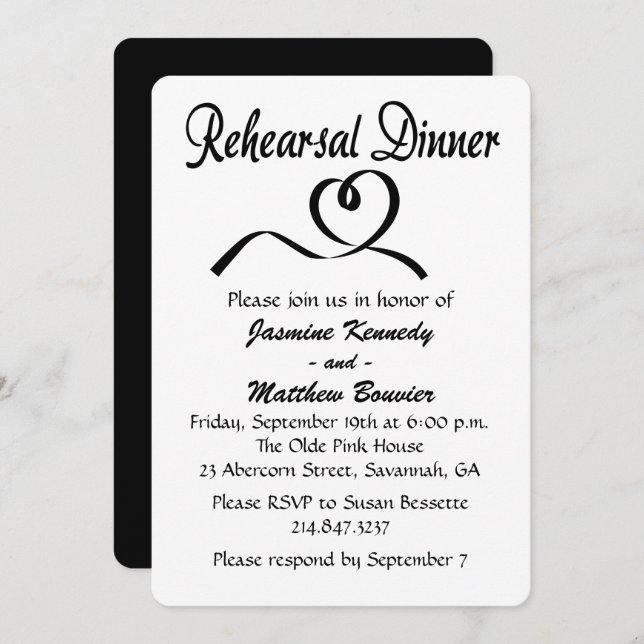 Black And White Rehearsal Dinner Wedding Hearts Invitation (Front/Back)