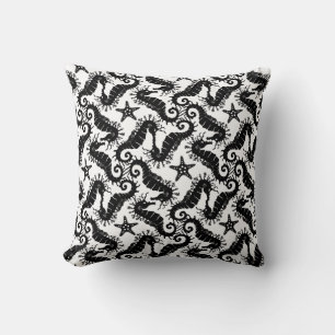 Black And White Repeating Motif   Seahorse Pattern Cushion
