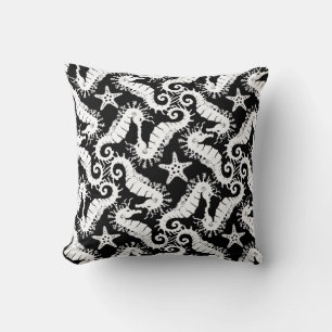 Black And White Repeating Motif   Seahorse Pattern Cushion