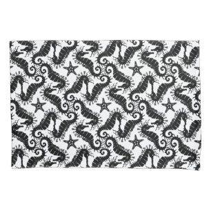 Black And White Repeating Motif Seahorse Pattern Pillowcase