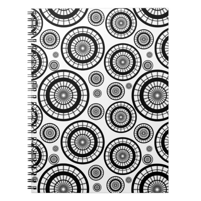 Black and White Repeating Wheel Pattern Notebook (Front)