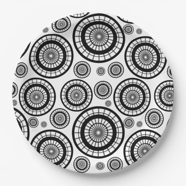 Black and White Repeating Wheel Pattern Paper Plate (Front)