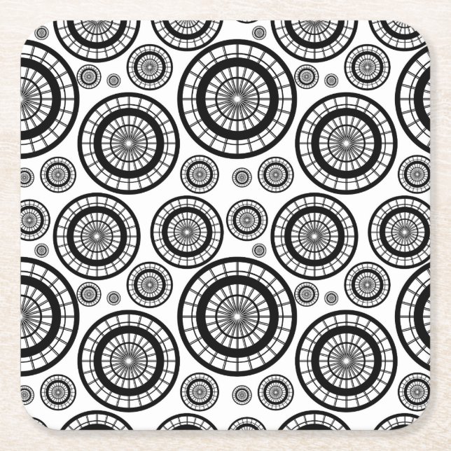 Black and White Repeating Wheel Pattern Square Paper Coaster (Front)