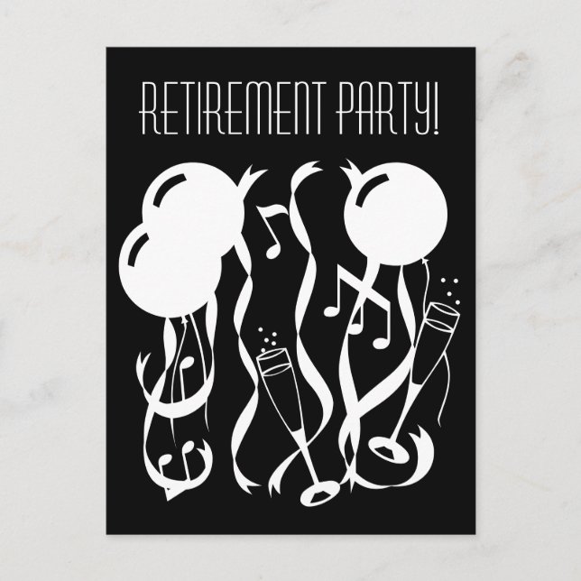 Black and white retirement party invite postcards (Front)