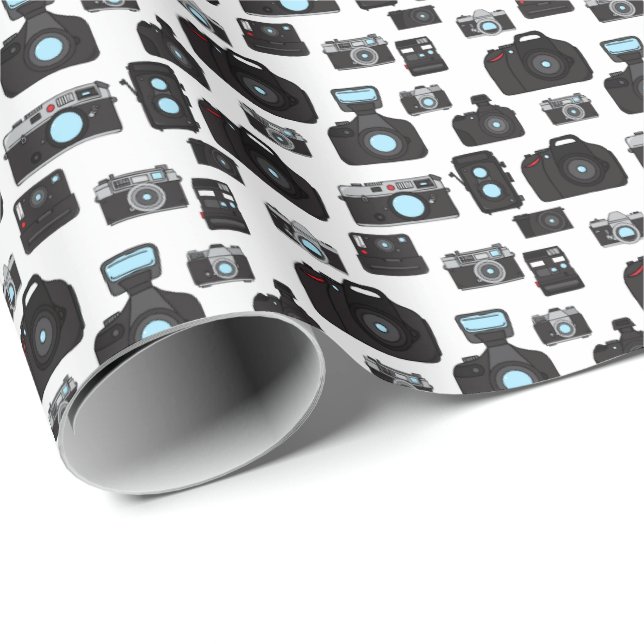Black and White Retro Cameras Patterned Wrapping Paper (Roll Corner)
