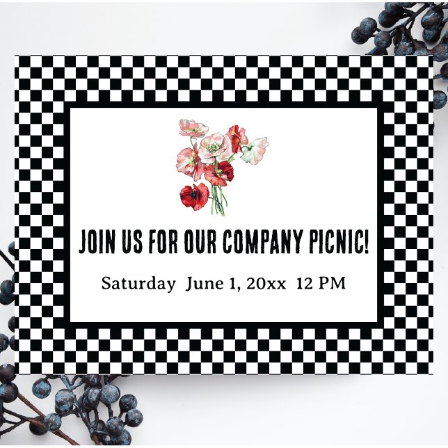 Black and White Retro Chequerboard Company Picnic Invitation Postcard (Creator Uploaded)