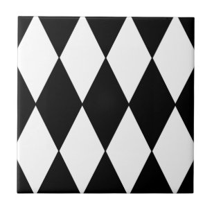 Black and White Retro Chequered Diamond Pattern Ceramic Tile