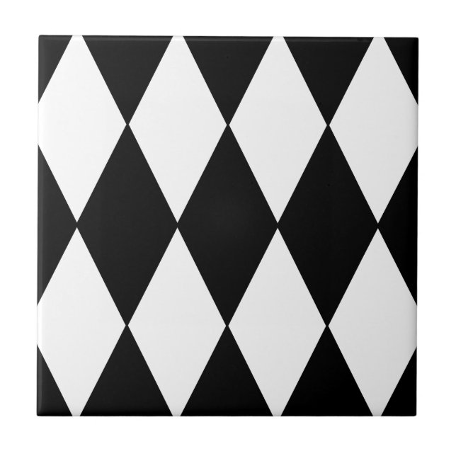 Black and White Retro Chequered Diamond Pattern Ceramic Tile (Front)