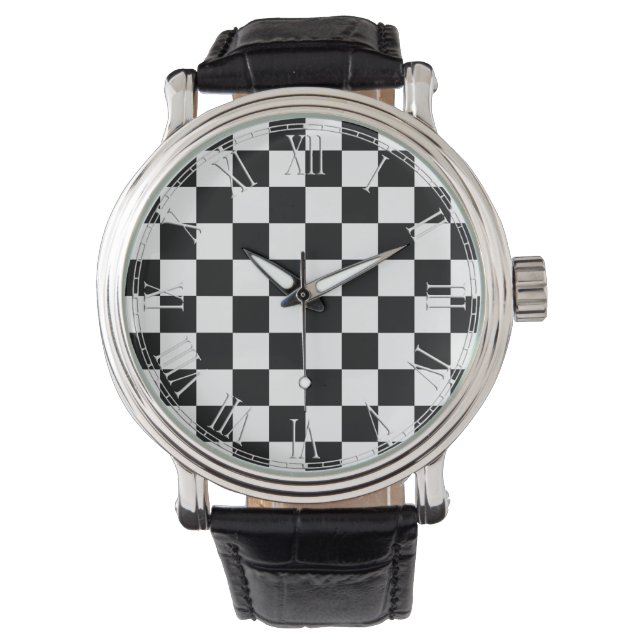 Black and White Retro Colourful Modern Chequerboar Watch (Front)