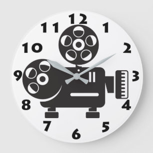 BLACK AND WHITE RETRO FILM PROJECTOR LARGE CLOCK