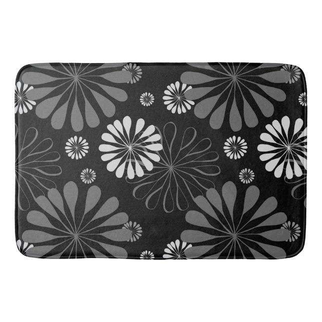 Black and White Retro Floral Bath Mat (Front)