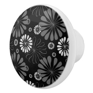 Black and White Retro Floral Ceramic Knob