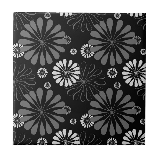 Black and White Retro Floral Ceramic Tile (Front)