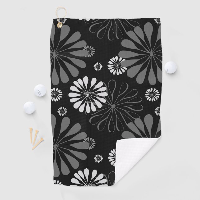 Black and White Retro Floral Golf Towel (InSitu)