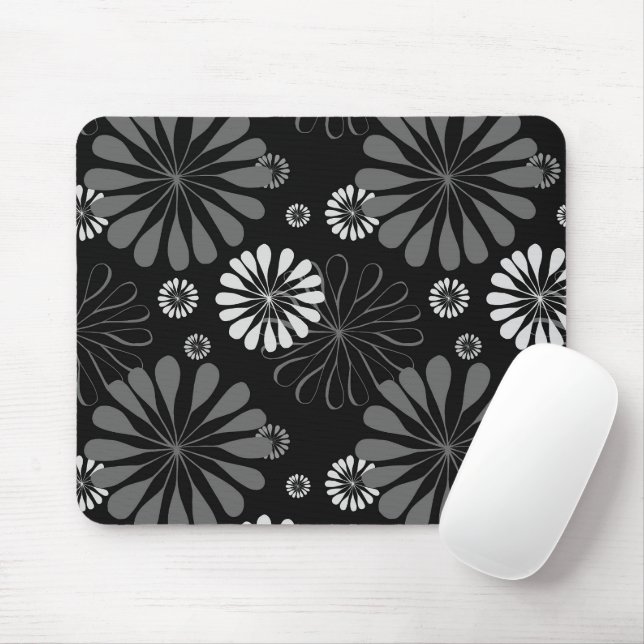Black and White Retro Floral Mouse Pad (With Mouse)