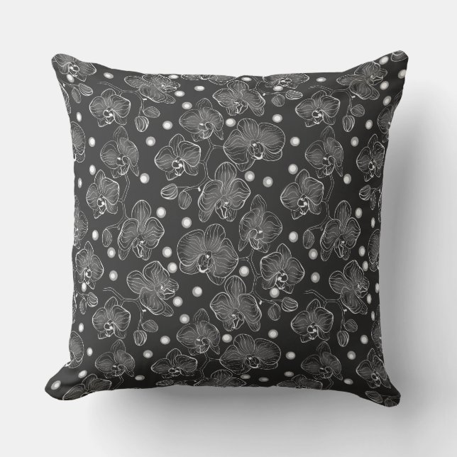 Black and white retro floral pattern with polka do cushion (Front)