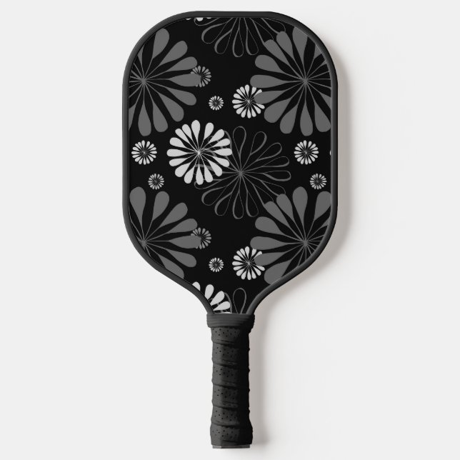 Black and White Retro Floral Pickleball Paddle (Front)