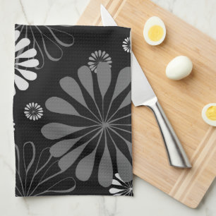 Black and White Retro Floral Tea Towel
