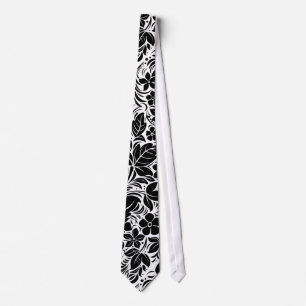 Black And White Retro Flowers And Leafs Pattern 2 Tie