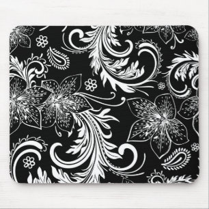 Black And White Retro Flowers & Swirls Design Mouse Pad
