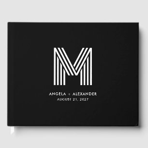 Black and White Retro Geometric Wedding Monogram Guest Book