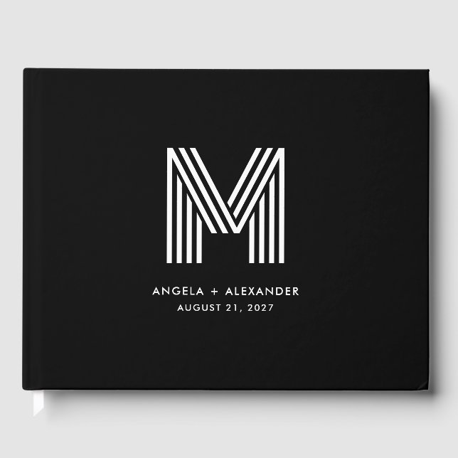 Black and White Retro Geometric Wedding Monogram Guest Book (Front)