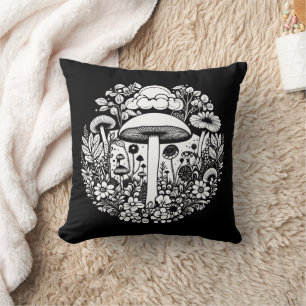 Black and White Retro Mushrooms and Flowers Cushion