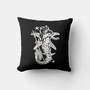 Black And White Retro Pin-Up Mermaid Cushion
