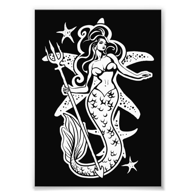 Black And White Retro Pin-Up Mermaid Photo Print (Front)