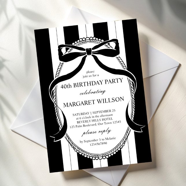 Black and white retro stripes bow birthday party invitation (Black and white retro stripes bow border elegant adults birthday party invitation cards template)
