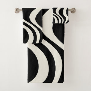 Black and white retro style waves bath towel set