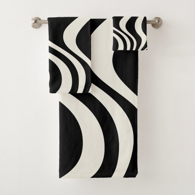Black and white retro style waves bath towel set (Insitu)
