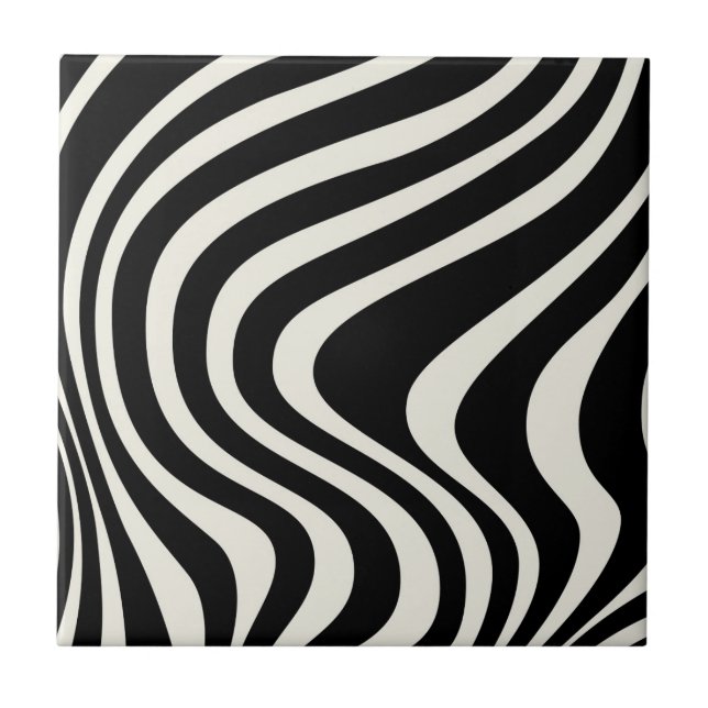 Black and white retro style waves ceramic tile (Front)