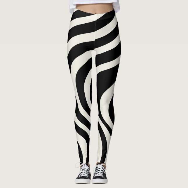 Black and white retro style waves leggings (Front)