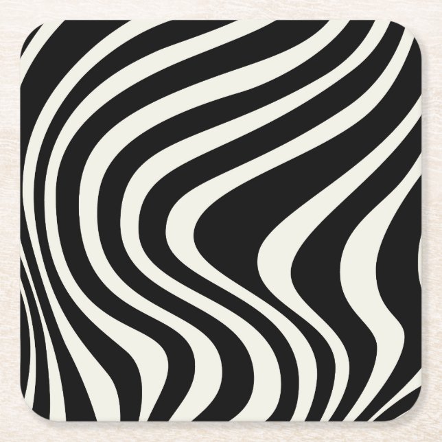 Black and white retro style waves square paper coaster (Front)