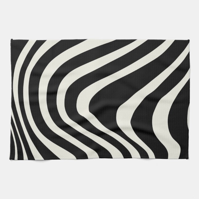Black and white retro style waves tea towel (Horizontal)